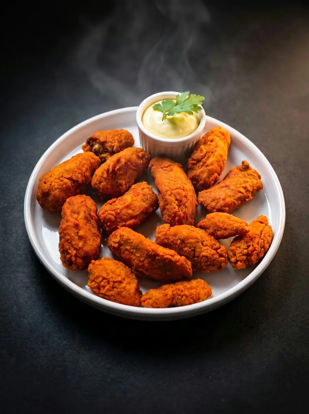 Porção de frango empanado crocante em prato branco, com fumaça e molho ao lado, fundo escuro.