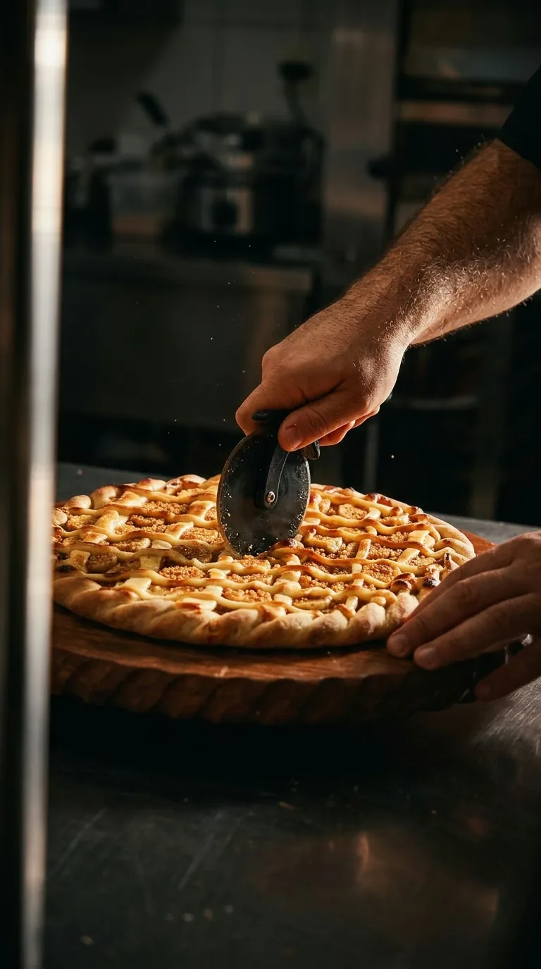 Mão cortando uma pizza artesanal recém-saída do forno sobre tábua de madeira, cozinha ao fundo.