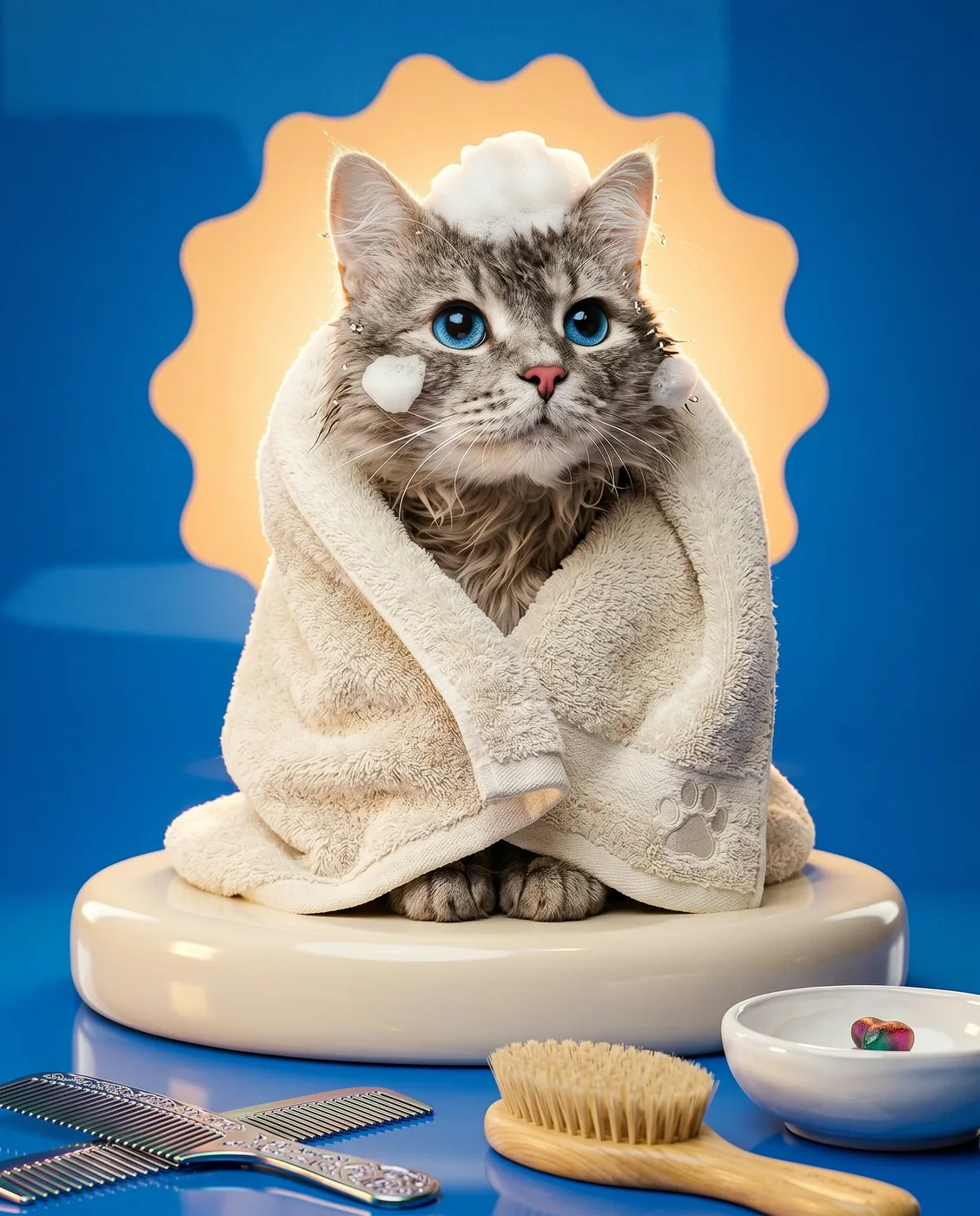 Gato enrolado em toalha branca sobre banqueta de banho e tosa, com escovas e acessórios ao lado.
