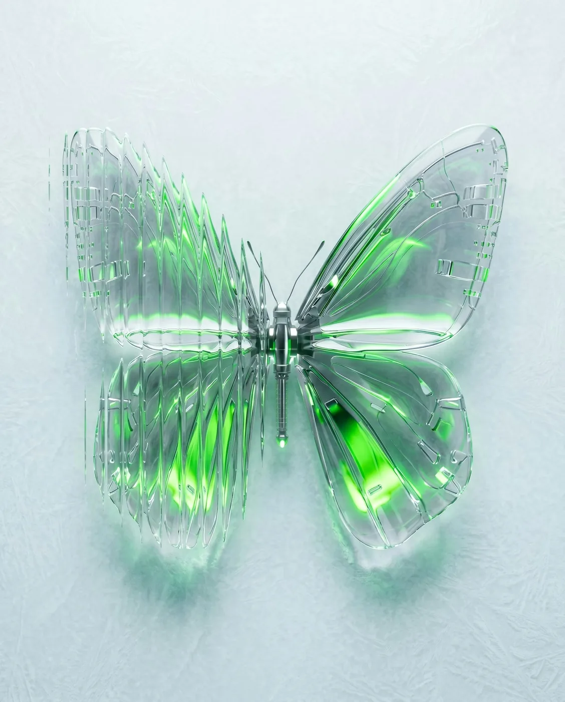 Borboleta translúcida de vidro verde sobre superfície branca texturizada, composição conceitual.