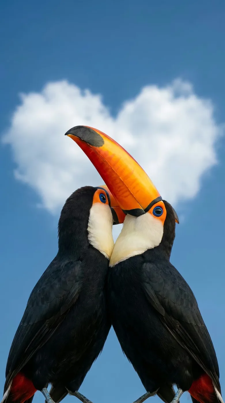 Dois tucanos de bico laranja frente a frente contra céu azul com nuvens brancas.